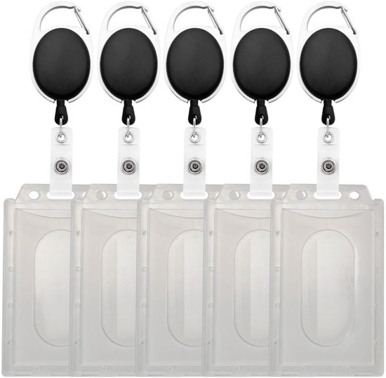 Fako Bijoux – Lot de 5 porte-badges rétractables avec cordon – Porte-clés rétractable – Porte-cartes vertical – Transparent