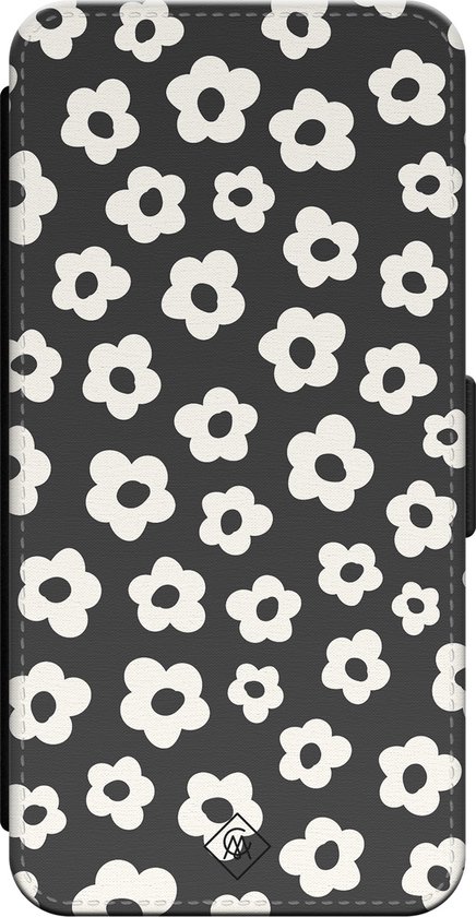 Bibliothèque Casimoda® – Convient pour iPhone 15 Pro – Étui avec porte-cartes – Fleurs rétro – Zwart – Simili cuir