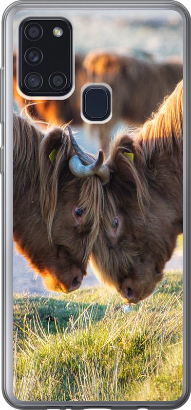 Convient pour la coque Samsung Galaxy A21s – Highlanders écossais – Animaux – Soleil – Étui de téléphone en Siliconen