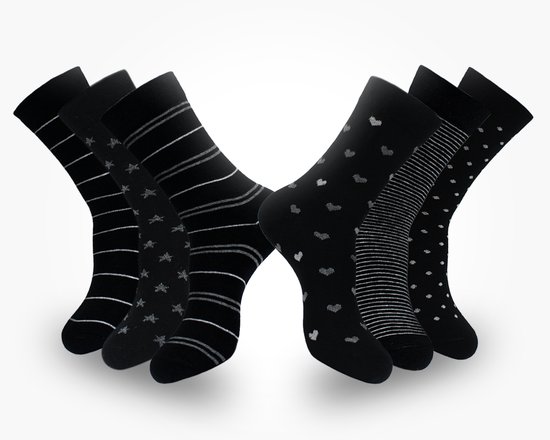 Chaussettes pour femme Marco Rossi, Hartjes, rayures et étoiles – Katoen Bio – Lot de 6 / Multi noir – Pointures 35 à 38