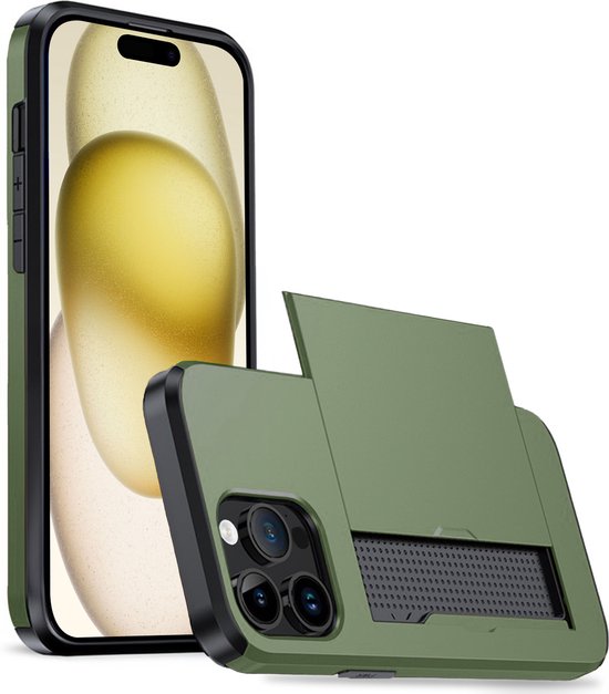 Coque pour iPhone 15 Pro avec porte-cartes – Coque rigide pour iPhone 15 Pro avec porte-cartes – Vert foncé