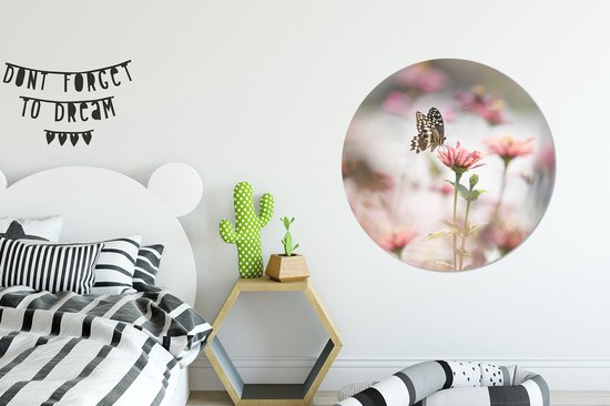 Cercle Mural – Cercle Mural Intérieur – Papillon – Bloem – Rose – ⌀ 90 cm – Décoration murale – Peintures Ronds