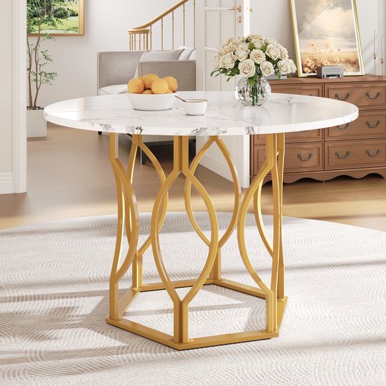 DESMIU Table à manger – Table ronde pour 4 personnes avec pieds réglables – Pour salle à manger, salon et bureau – MDF et métal – 100x100x76 cm – Blanc Or