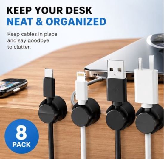 Clips de Câble Magnétiques – 8 Pièces – Support de Câble Premium pour Bureau – Organisateur de Câbles Autocollant – Pour USB, HDMI & Câbles de Charge – NOIR