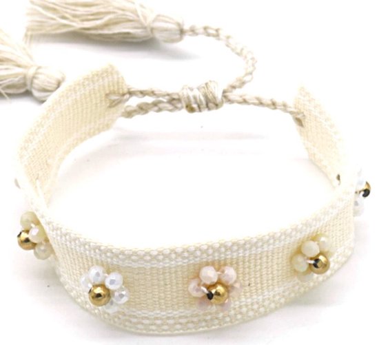 Bracelet Tissus Femme – Perles Acier Inoxydable – Longueur Ajustable – Beige