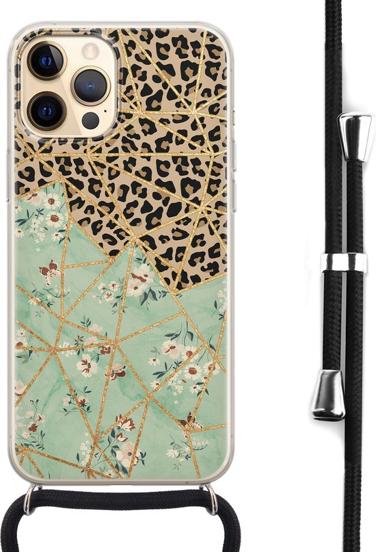 Coque iPhone 12 (Pro) avec cordon – Imprimé fleur léopard – Coque en Siliconen – Antichoc – Coque arrière – Marron, Transparent