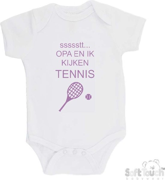 Barboteuse 100% coton « ssssstt… Papy et moi regardons le tennis » Filles Katoen Wit/lilas Taille 56/62