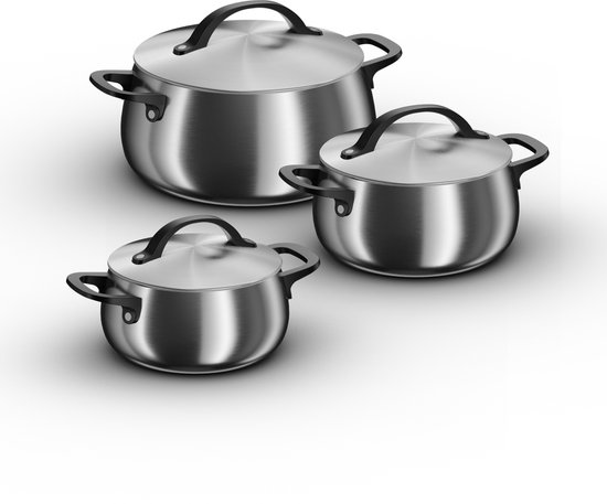 Batterie de cuisine BergHOFF Home Belly 6 pièces – Ø 18, 20 & 24 cm – Casserole en acier inoxydable durable avec couvercle – Casserole sans PFAS – Convient pour l&rsquo;induction et le four jusqu&rsquo;à 250 °C – Noir Fumé