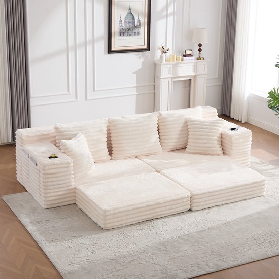 Canapé compressible en velours côtelé avec dossier haut et coussins supplémentaires, poches de rangement des deux côtés et porte-gobelets, convertible en canapé-lit, revêtement doux pour un confort maximal, beige