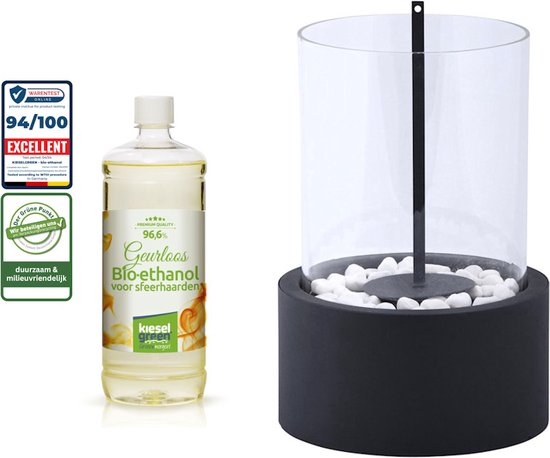 Fancy Flames sfeerhaard au bioéthanol verre rond noir 27x16cm avec pierres décoratives + 1 litre KieselGreen Bioéthanol premium sans odeur