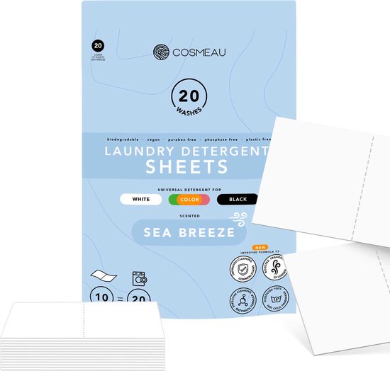Cosmeau 20 lavages Détergent à lessive Sea Breeze Feuilles à lessive Feuilles à lessive Eco Bandes à lessive – Sans plastique Bio Eco