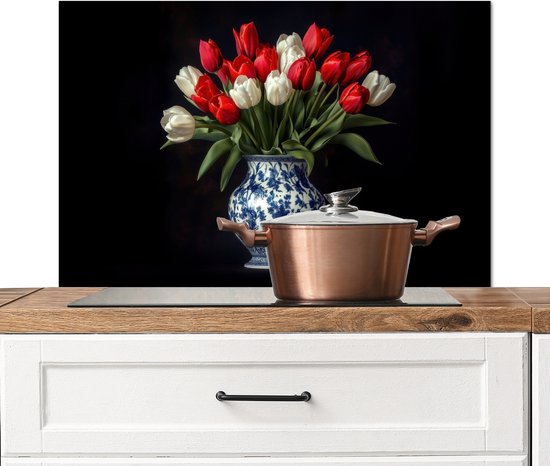Crédence de Cuisinière en Aluminium 80×55 cm – Rouge – Fleurs – Tulipes – Vase – Écran Pare-éclaboussures pour Plaque de Cuisson – Protection Murale