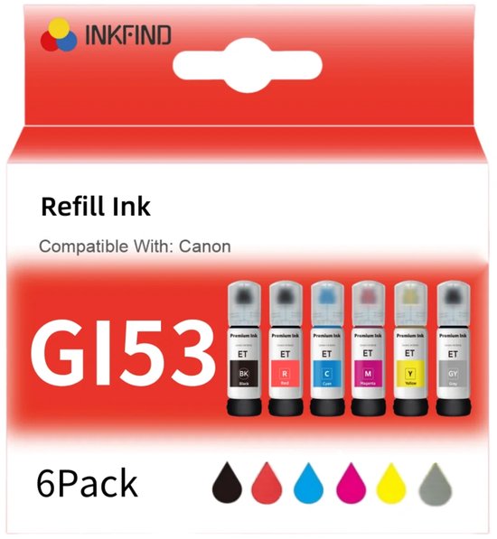 Cartouche d&rsquo;encre INKFIND GI53 pour CanonGI53, CanonGI-53, Canon GI53, Canon GI-53, Megatank, 6 couleurs, pour Canon Pixma G550, G650, G750, G850, G950, G1050