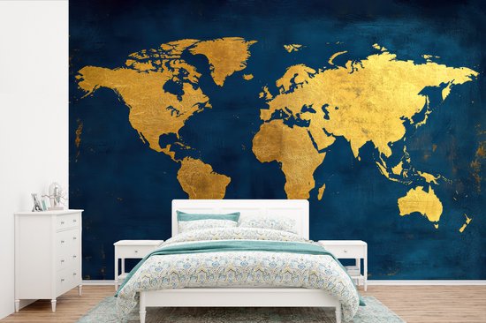 Behang – Fotobehang Wereldkaart – Goud – Donkerblauw – Breedte 600 cm x hoogte 400 cm