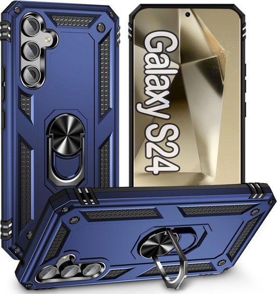 Coque adaptée pour Samsung Galaxy S24 – Hybrid Armor Anti-Shock – Blauw – Galaxy S24 5G – Béquille – Ring de support – Coque arrière en TPU