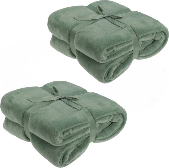 Couvertures polaires/plaids – 2x – vert olive – 180 x 230 cm