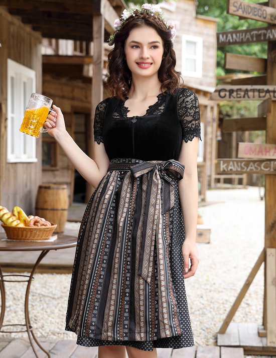 Ensemble dirndl 3 pièces pour femmes Costume traditionnel avec chemisier en dentelle et tablier Haut en velours avec fermeture éclair en forme de cœur Tenue élégante pour l&rsquo;Oktoberfest, le carnaval et les fêtes Noir 36