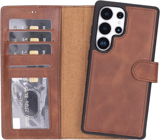 Étui portefeuille Lykke adapté au Samsung Galaxy S25 Ultra| Couverture amovible de la bibliothèque | Étui MagSafe | Étui de protection en Cuir véritable avec porte-cartes| Marron