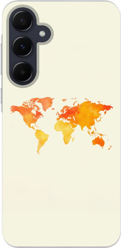 Coque de téléphone compatible avec Samsung Galaxy A55 – Wereldkaart – Oranje – Colorée – Coque en Siliconen