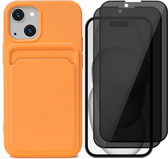 Étui iPhone 15 avec porte-cartes – 2x protecteur d&rsquo;écran de confidentialité FullGuard – Coque arrière en Siliconen Oranje et protecteur d&rsquo;écran