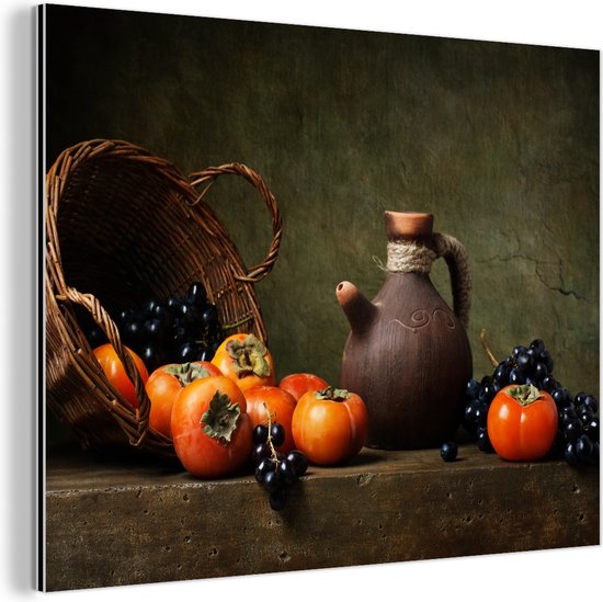 Décoration murale Métal – Peinture Aluminium Industriel – Rustique – Fruits – Pichet – Panier – Nature morte – 120×90 cm – Dibond – Photo sur aluminium – Décoration murale industrielle – Pour le salon/chambre