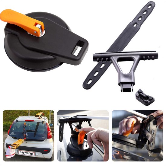 Cheqo Support à ventouse – Pour voiture – Caravane – Bateau – Camper – Sangle de tension – Crochet de suspension – Sangle d&rsquo;attache – Alternatief au coffre de toit