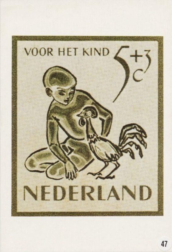 Carte postale avec image garçon avec timbre-poste coq