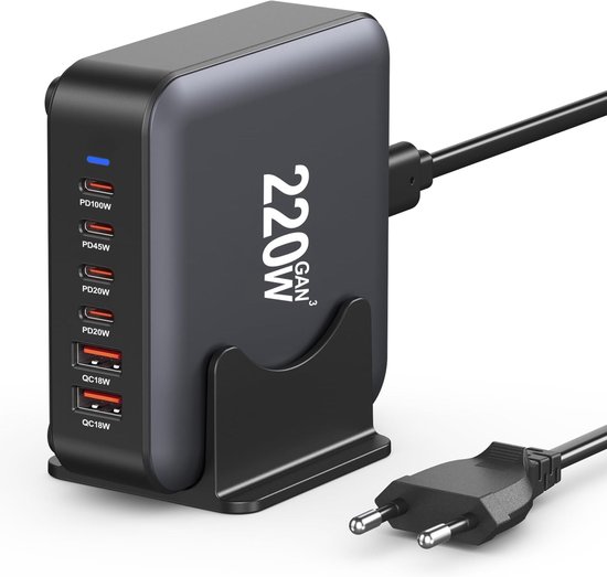 Chargeur USB-C multiple, 220 W, station de charge 6 ports【4 USBC + 2 USBA】hub adaptateur secteur GaN compact rapide, alimentation PD USBC + QC USBA, chargeur USB C, compatible iPhone/iPad/Samsung/ordinateur portable