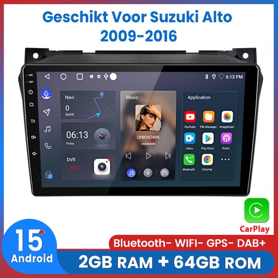 Autoradio Awesafe – Convient pour Suzuki Alto 2009 à 2016 – Ram 2 Go + Rom 64 Go – Autoradio Android 15.0 CarPlay 9 pouces – CarPlay et Android Auto sans fil – Bluetooth et WiFi – Navigation GPS – 2009 2010 2011 2012 2013 2014 2015 2016