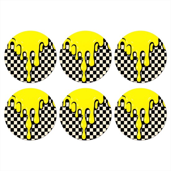 Dessous-de-verre pour verres – Rond – À carreaux – Graphique – Liquide – Jaune – 10×10 cm – Dessous-de-verre – 6 pièces