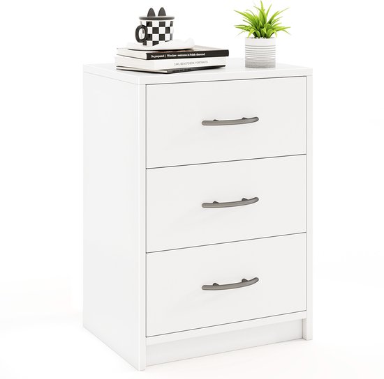 COSTWAY Table de chevet avec 3 tiroirs, table de chevet pour lit à sommier tapissier, table d&rsquo;appoint, table de canapé, table de chevet, table de chevet pour chambre, salon, 38,5 x 28 x 54 cm, blanc