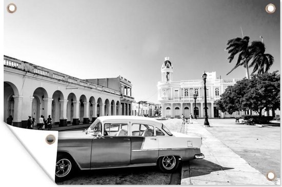 Décoration murale La maison de la culture de Benjamin Duarte avec voiture classique cubaine – noir et blanc – 180×120 cm – Poster jardin – Toile jardin – Poster extérieur