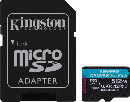 Carte microSDXC Canvas Go de 512 Go de Kingston Technology Carte Plus Gen4 200 Mo/s A2 U3 V30 + adaptateur