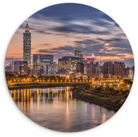 Coucher de soleil à Taipei 101 à Taiwan avec reflet dans l&rsquo;eau Assiette en plastique cercle mural ⌀ 150 cm – impression photo sur cercle mural / cercle vivant (décoration murale)