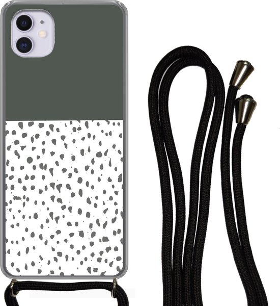 Coque avec cordon iPhone 12 Mini – Pois – Grijs – Wit – Siliconen – Bandoulière – Coque arrière avec cordon – Coque pour téléphone avec cordon – Coque avec corde