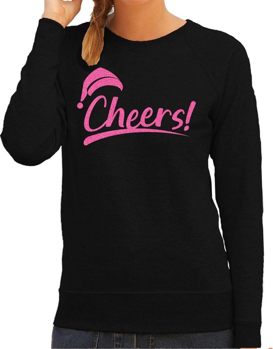 Bellatio Decorations pull de Noël moche/pull femme – Cheers – noir – rose pailleté – Père Noël S