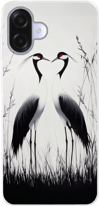 Coque de téléphone compatible avec Samsung Galaxy A07 – Motifs grues, herbe et cœur – Zwart – Siliconen