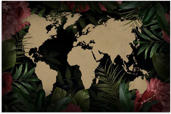 Carte du monde couleur sable sur fond noir à décor de fleurs et feuilles roses 120×80 cm