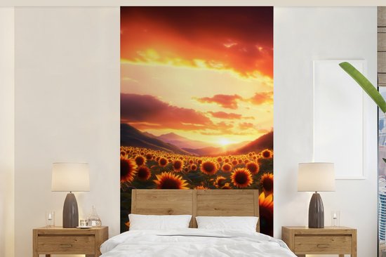 Behang – Fotobehang Zonnebloemen – Zonsondergang – Landschap – Breedte 120 cm x hoogte 240 cm