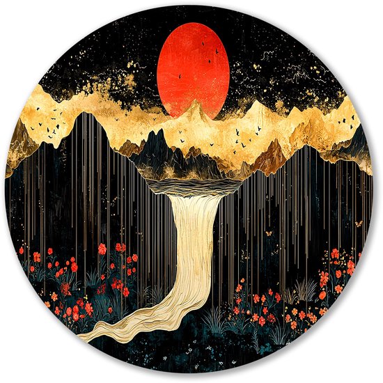 Cascade et montagnes au soleil – Décoration murale ronde Cascade – Décoration murale ronde nature – Style japonais – Cercle Décoration Forex – Peintures abstraites – Cercle mural Forex 100×100 cm