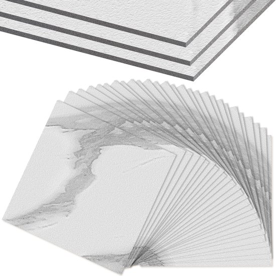 Carreaux de sol en vinyle PVC ACXIN autoadhésifs carrés – 27 pièces – 2,51 m² – Cuisine / Salon / Balcon – Wit marbre