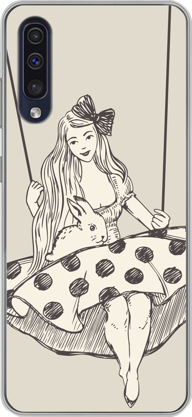 Convient pour coque Samsung Galaxy A50 – Fille en robe à pois avec lapin – Coque de téléphone en Siliconen