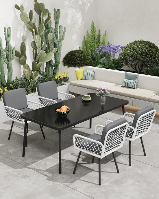 Chaises de terrasse, lot de 2 – Chaises de jardin en rotin blanc tressées à la main avec accoudoirs et coussins – Cadre en métal noir – Convient pour jardin, balcon, terrasse et véranda – 86 × 56 × 50 cm – Gris foncé