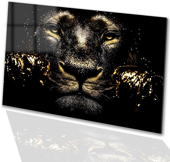 Décoration murale de Luxe lion doré – Peinture lion sur verre – Art or – Hyperréalisme – Acrylique – Décoration murale – verre acrylique 120×80 cm