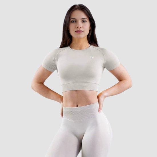 DV – Off White – L – SportCrop – SculptWear – Dames – Courtes Manches – Sport Shirt- Ajusté, Respirant, Évacuation de la Sueur