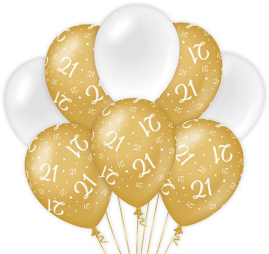 BTH – Ballons en latex – 21 ans – Or – Wit – Ballons – Anniversaire – Décoration anniversaire 21 ans – Décoration – 8 pièces