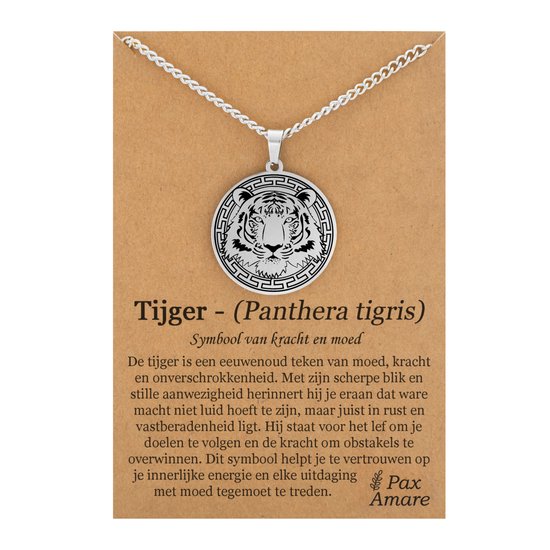 Collier Tigre sur Carte Cadeau Argenté – Talisman Animal – Acier Inoxydable – 60 cm – Pax Amare