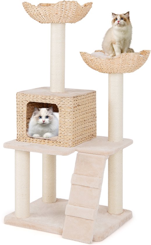 COSTWAY Arbre à chat avec panier pour chat, 122 cm, arbre à chat avec 2 perchoirs et coussins et un creux en tiges tubulaires, échelle et poteaux en sisal, arbre à grimper à plusieurs marches, arbre à chat pour chats, petit, beige