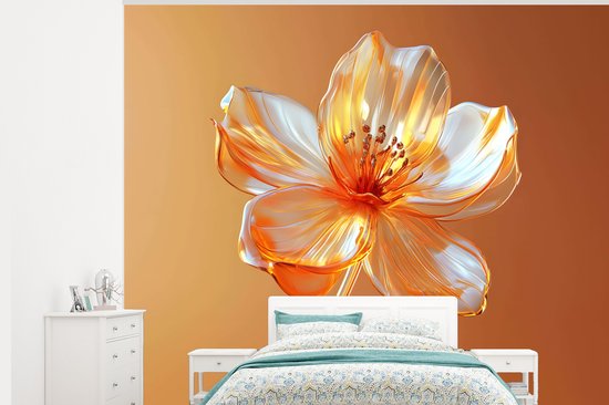 Behang – Fotobehang Glazen – Bloem – Oranje – Breedte 375 cm x hoogte 300 cm
