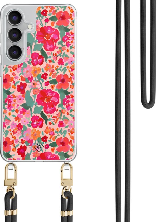 Étui Casimoda avec cordon noir – Convient pour Samsung S25 FE – Multi Fleurs – Cordon détachable – TPU/polycarbonate – Multi